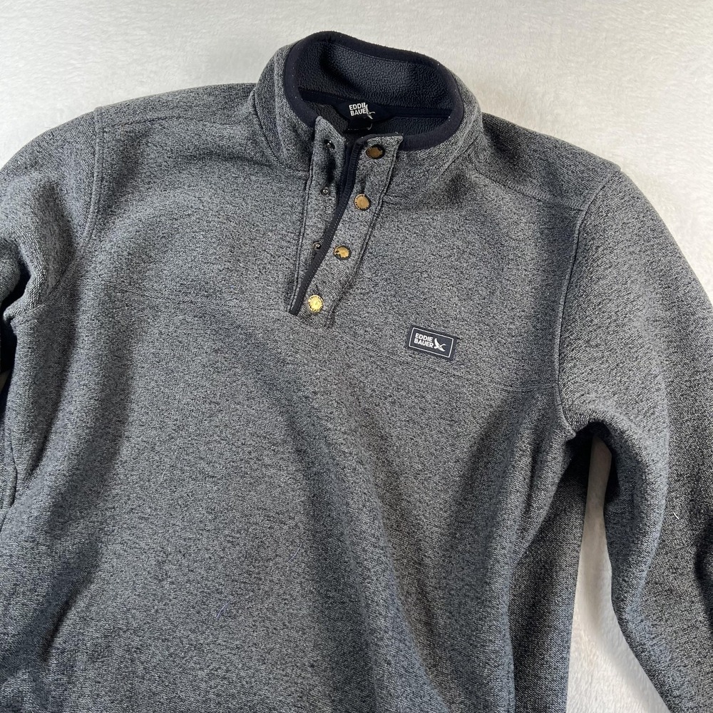 Eddie Bauer Sweatshirt Mens Medium Gray 1/4 Snap Fleece Pullover Pockets